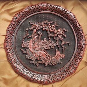 Vintage Chinese Cinnabar Sculpture Plate The Sense of Hearing Wei Cho With COA
